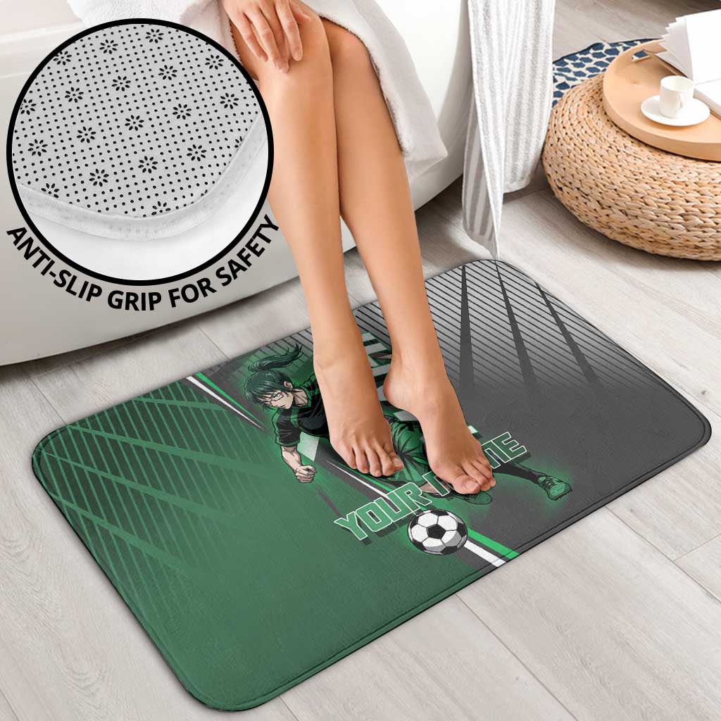 Personalized Maki Zenin Jujutsu Kaisen Bathroom Set Anime Soccer Design, Green Monochrome Action Pose
