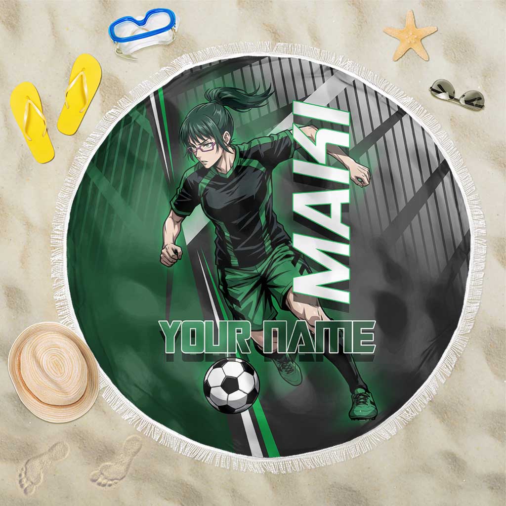 Personalized Maki Zenin Jujutsu Kaisen Beach Blanket Anime Soccer Design, Green Monochrome Action Pose