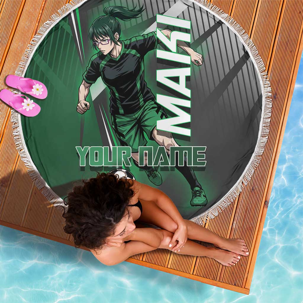 Personalized Maki Zenin Jujutsu Kaisen Beach Blanket Anime Soccer Design, Green Monochrome Action Pose