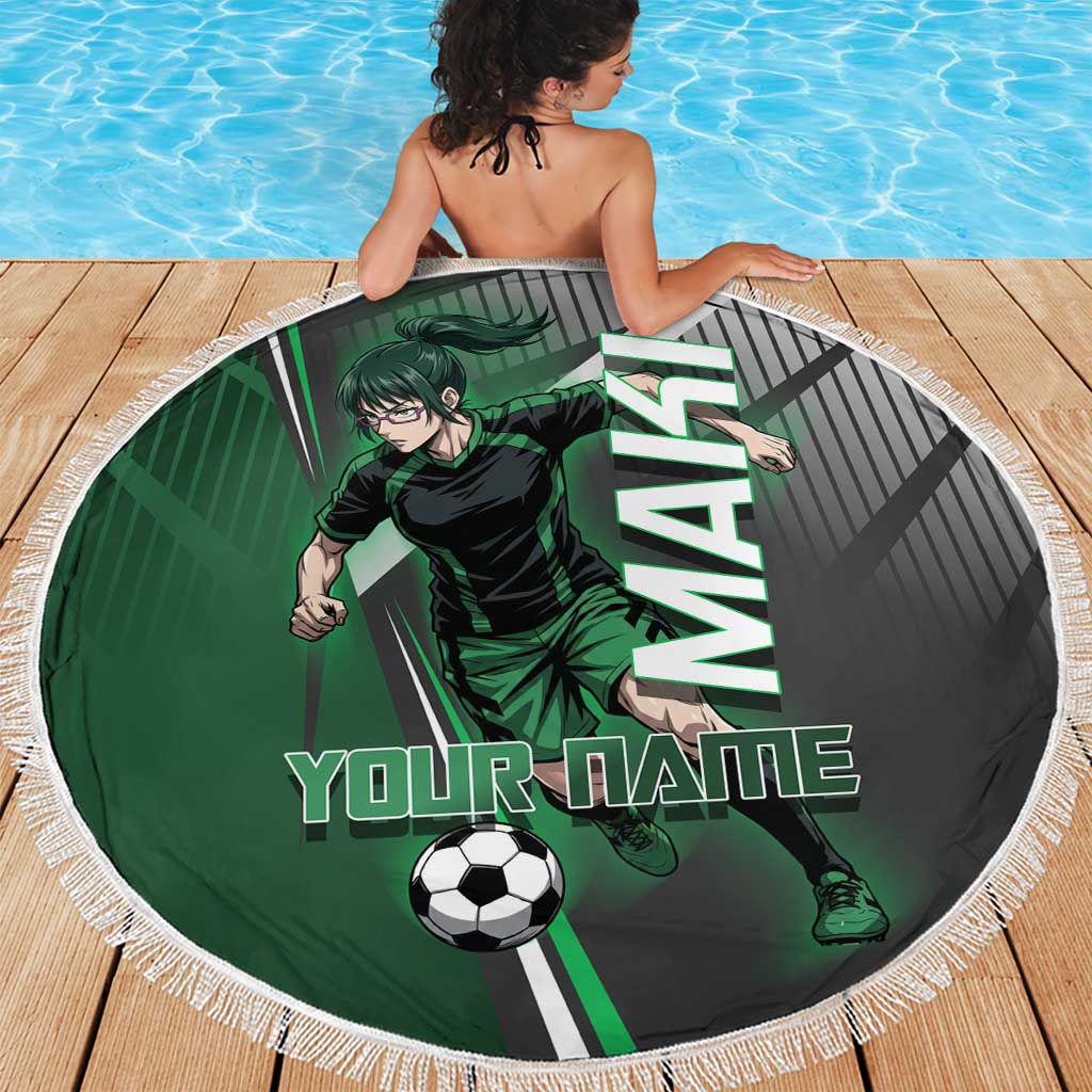 Personalized Maki Zenin Jujutsu Kaisen Beach Blanket Anime Soccer Design, Green Monochrome Action Pose