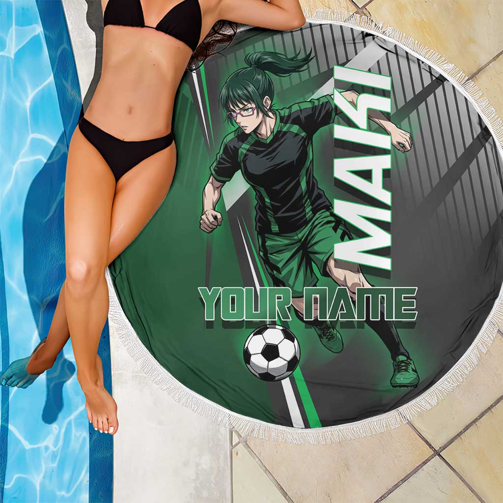 Personalized Maki Zenin Jujutsu Kaisen Beach Blanket Anime Soccer Design, Green Monochrome Action Pose