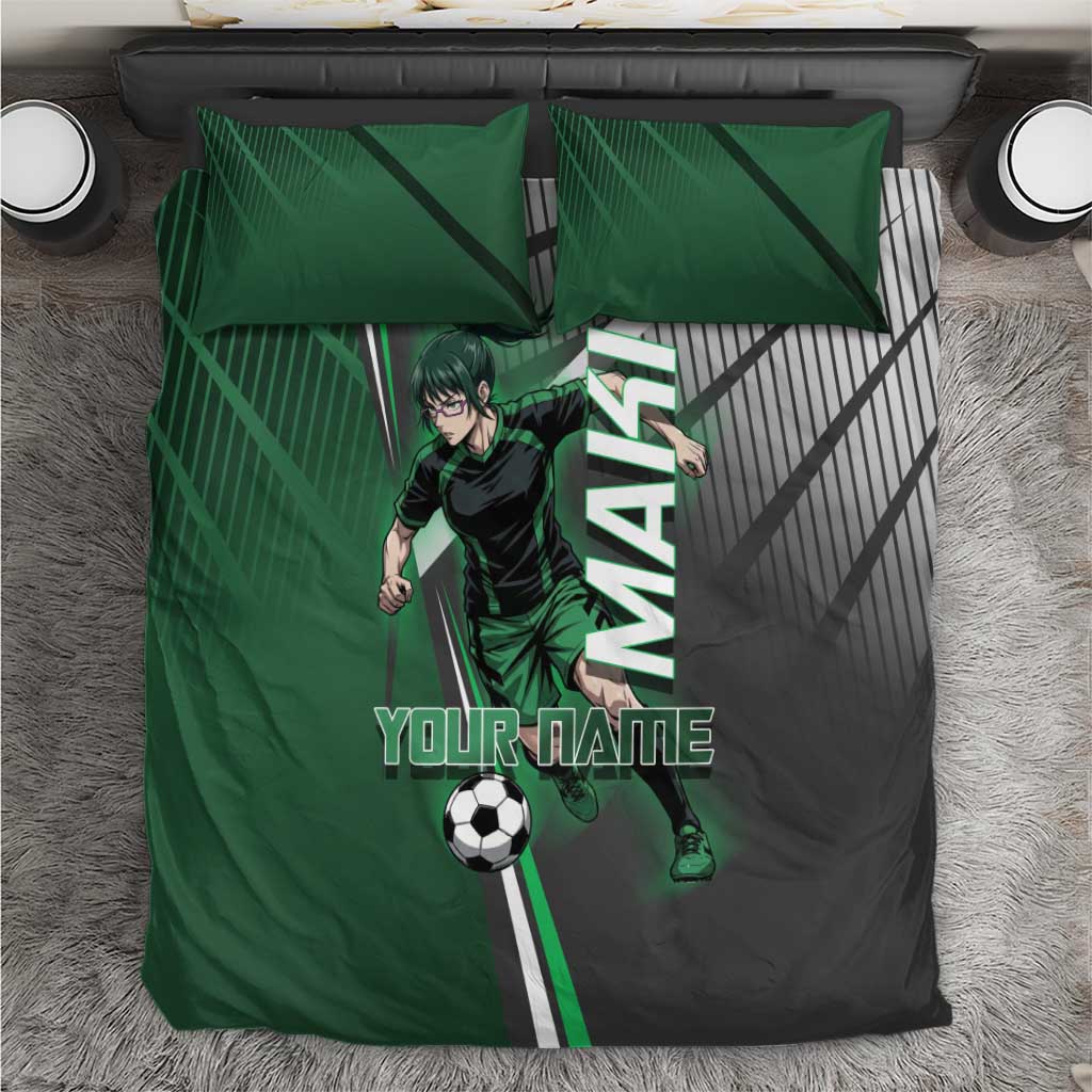 Personalized Maki Zenin Jujutsu Kaisen Bedding Set Anime Soccer Design, Green Monochrome Action Pose