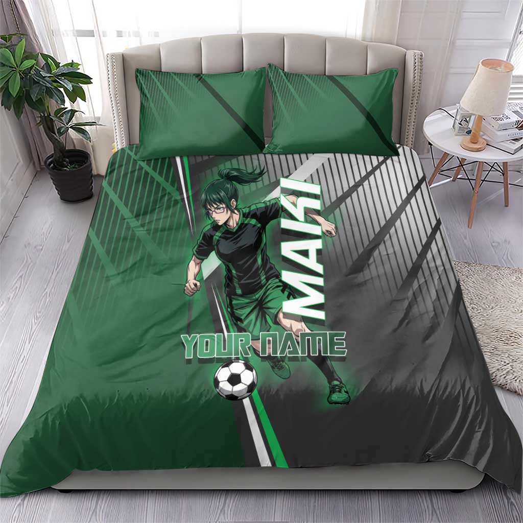 Personalized Maki Zenin Jujutsu Kaisen Bedding Set Anime Soccer Design, Green Monochrome Action Pose
