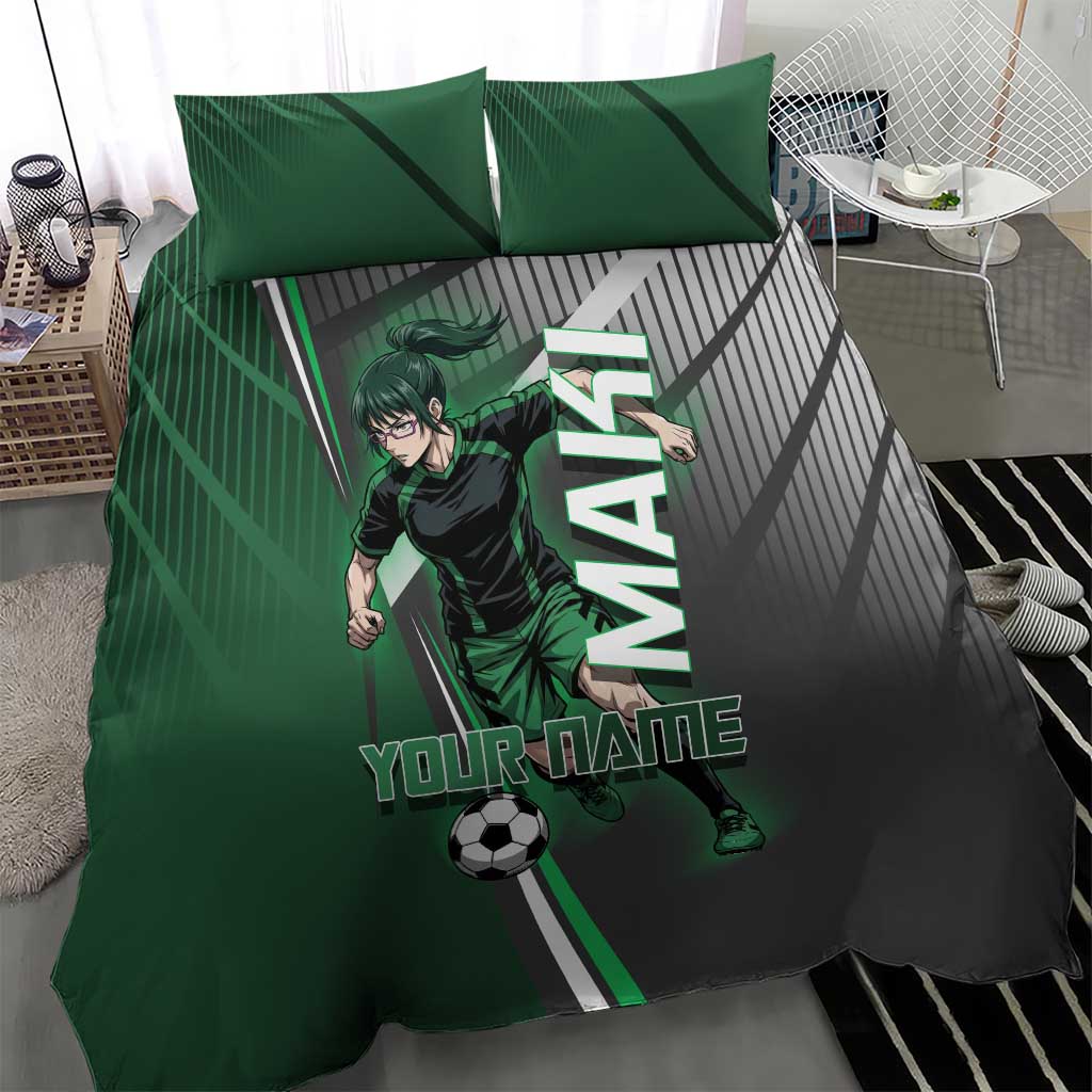 Personalized Maki Zenin Jujutsu Kaisen Bedding Set Anime Soccer Design, Green Monochrome Action Pose