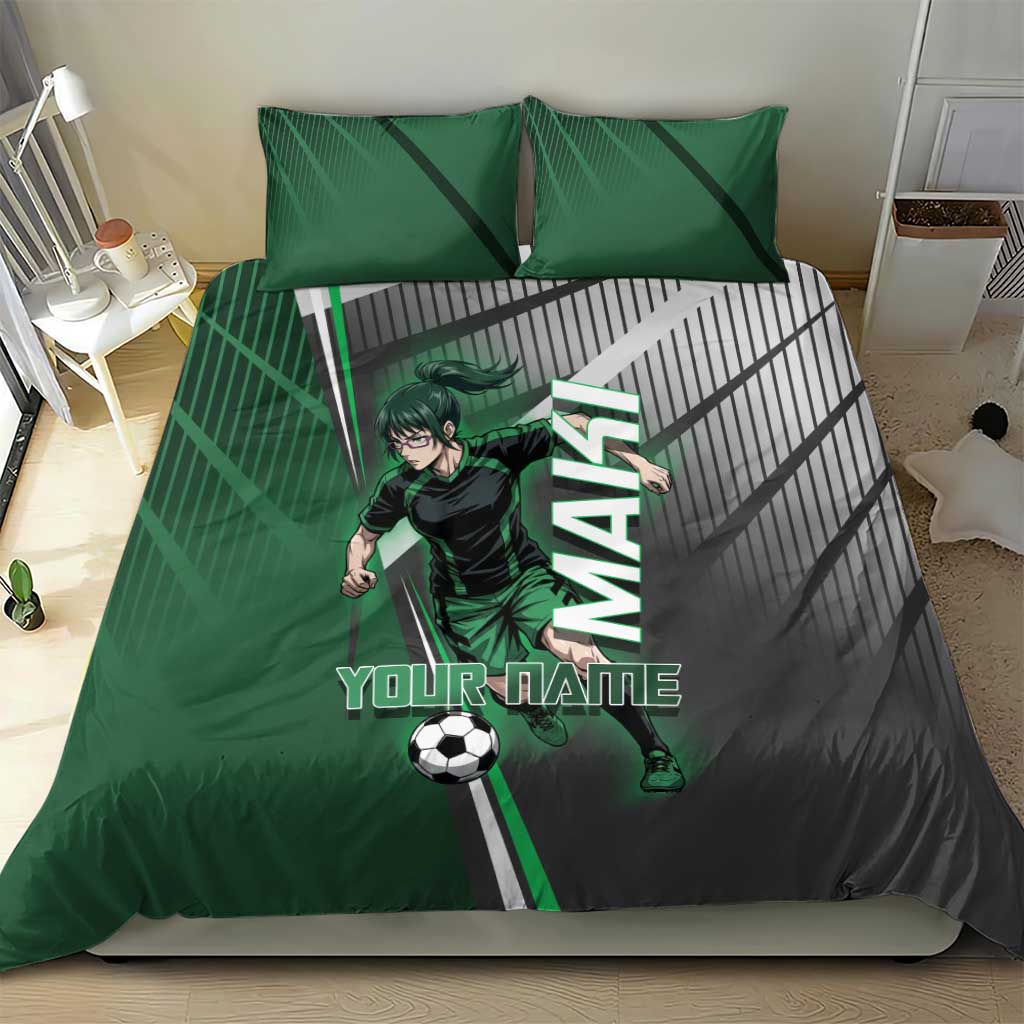 Personalized Maki Zenin Jujutsu Kaisen Bedding Set Anime Soccer Design, Green Monochrome Action Pose