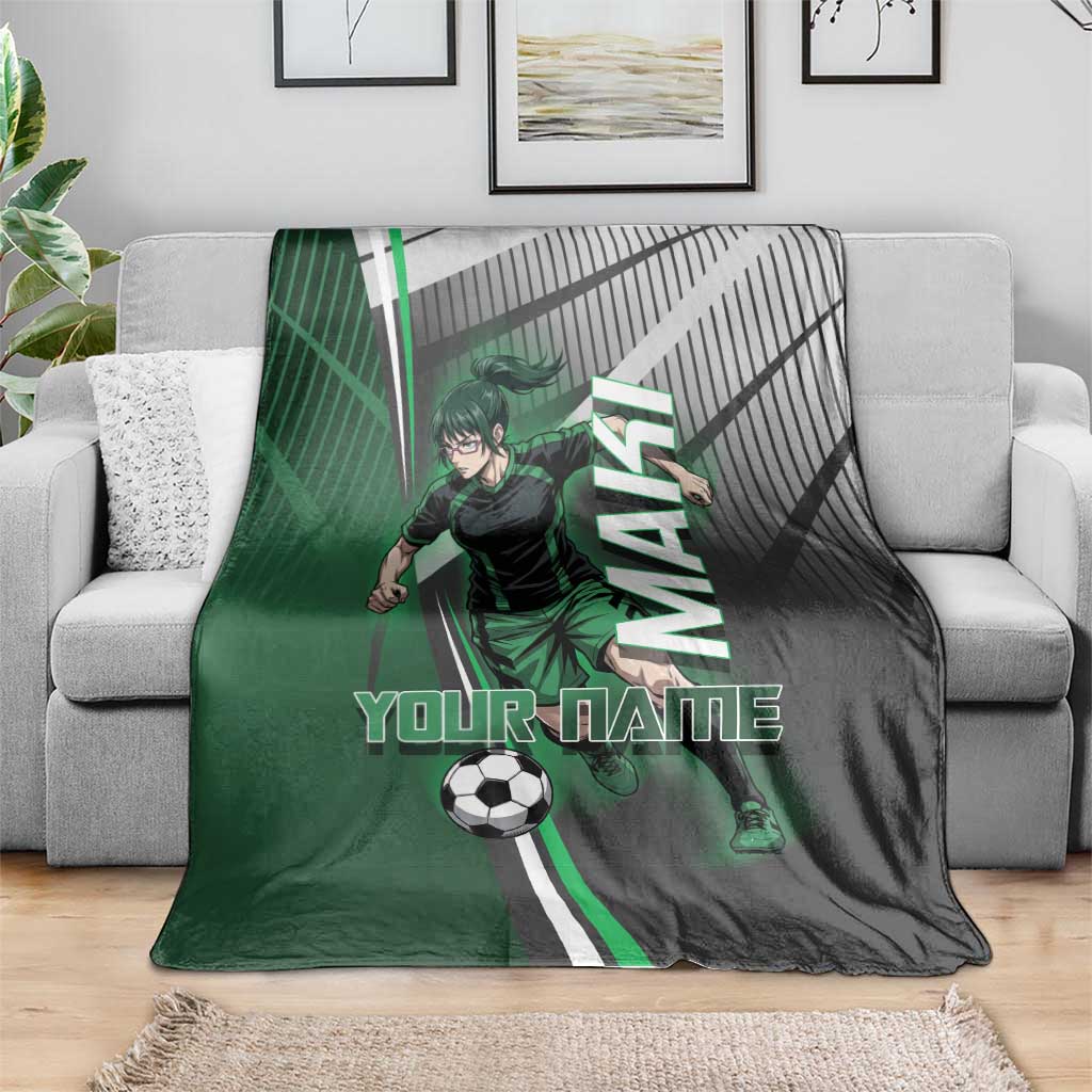 Personalized Maki Zenin Jujutsu Kaisen Blanket Anime Soccer Design, Green Monochrome Action Pose