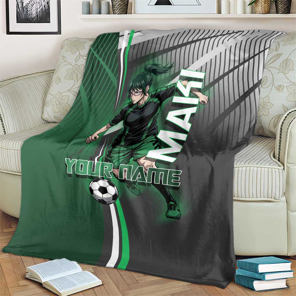 Personalized Maki Zenin Jujutsu Kaisen Blanket Anime Soccer Design, Green Monochrome Action Pose