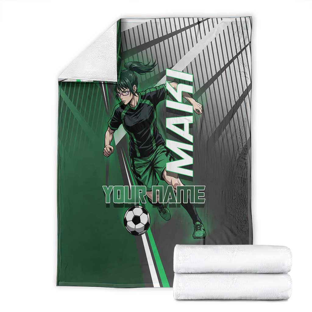 Personalized Maki Zenin Jujutsu Kaisen Blanket Anime Soccer Design, Green Monochrome Action Pose