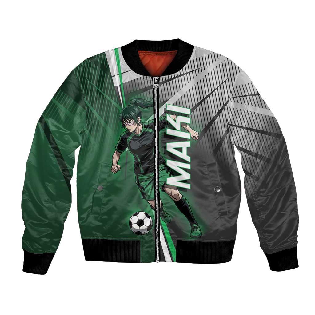 Personalized Maki Zenin Jujutsu Kaisen Bomber Jacket Anime Soccer Design, Green Monochrome Action Pose