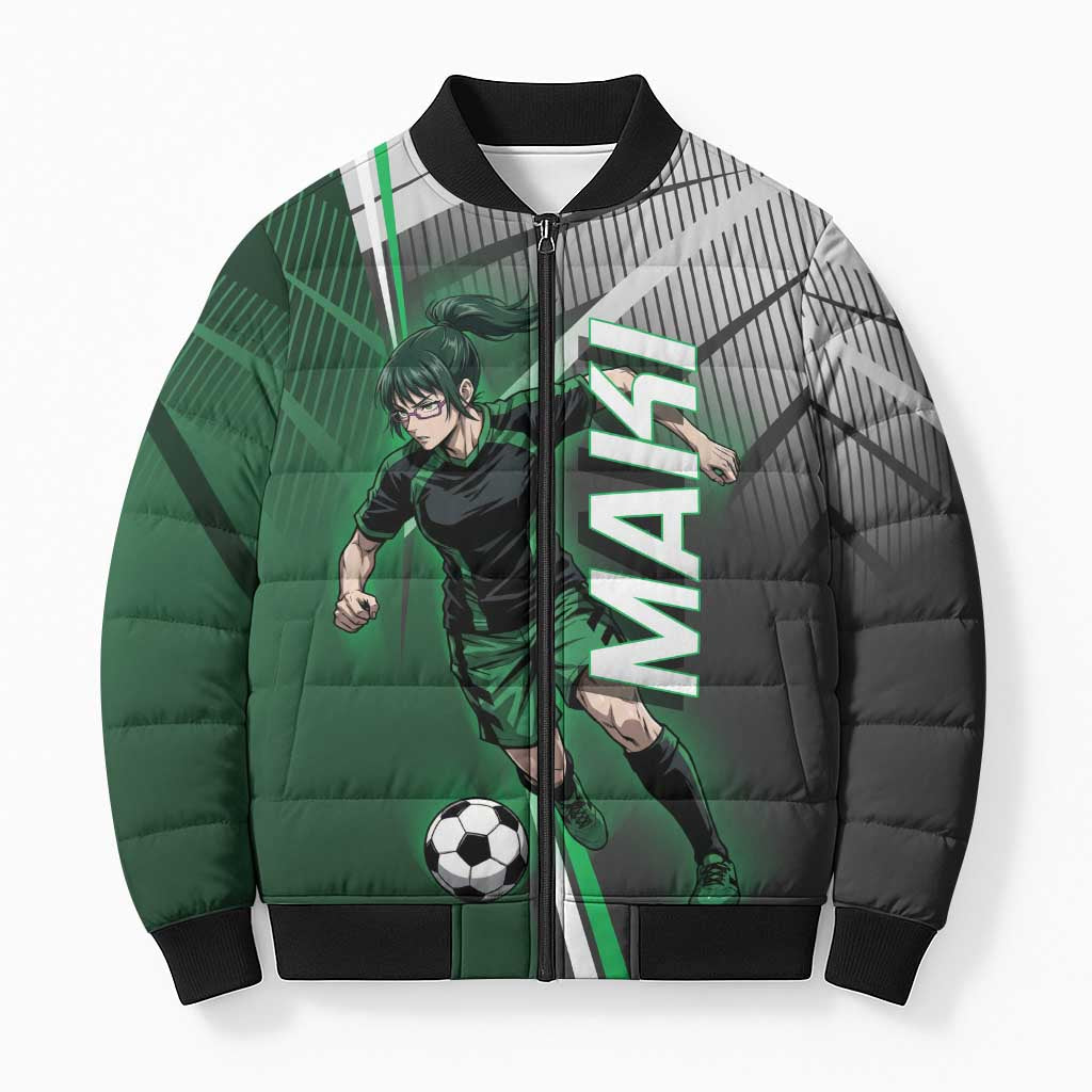 Personalized Maki Zenin Jujutsu Kaisen Bomber Puffer Jacket Anime Soccer Design, Green Monochrome Action Pose