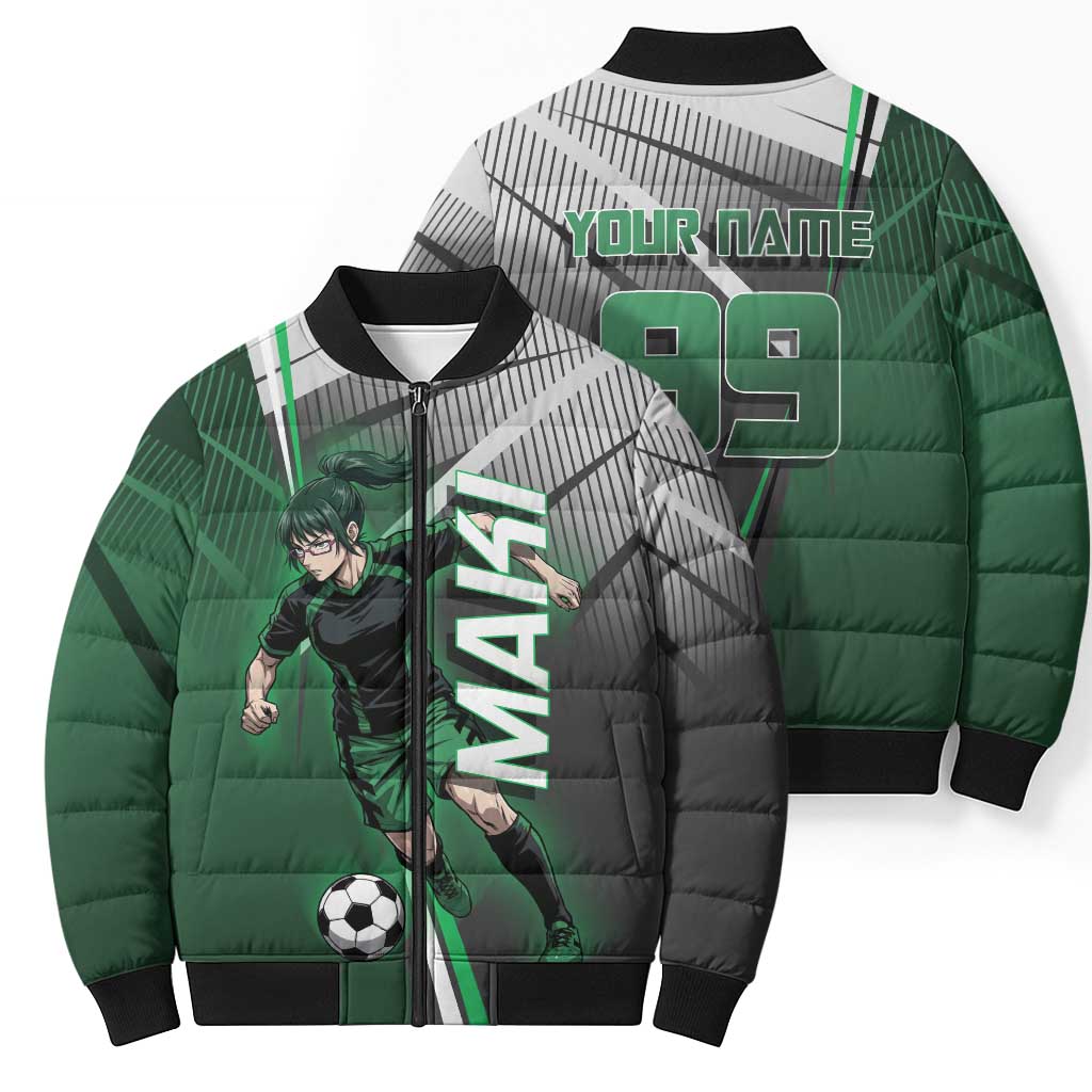 Personalized Maki Zenin Jujutsu Kaisen Bomber Puffer Jacket Anime Soccer Design, Green Monochrome Action Pose
