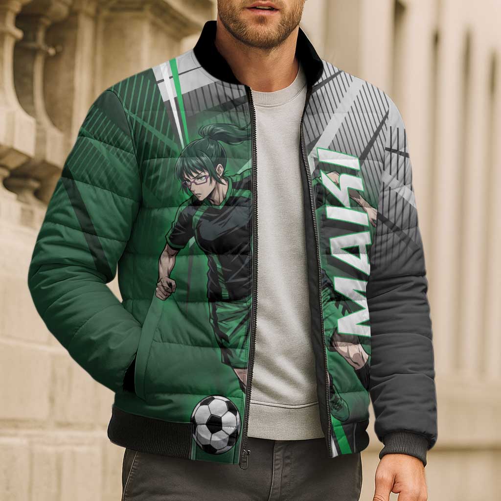 Personalized Maki Zenin Jujutsu Kaisen Bomber Puffer Jacket Anime Soccer Design, Green Monochrome Action Pose