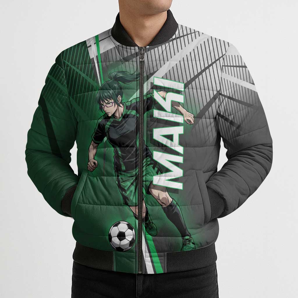 Personalized Maki Zenin Jujutsu Kaisen Bomber Puffer Jacket Anime Soccer Design, Green Monochrome Action Pose