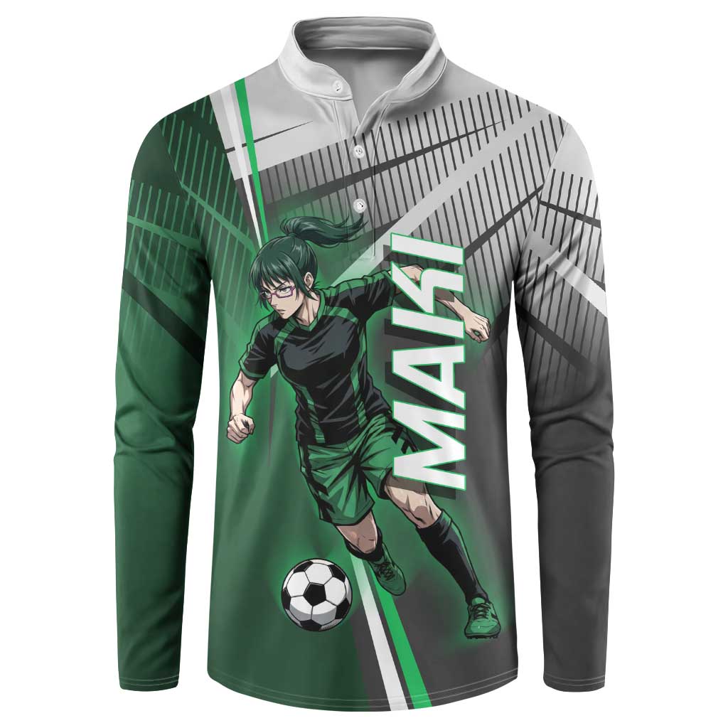 Personalized Maki Zenin Jujutsu Kaisen Button Sweatshirt Anime Soccer Design, Green Monochrome Action Pose
