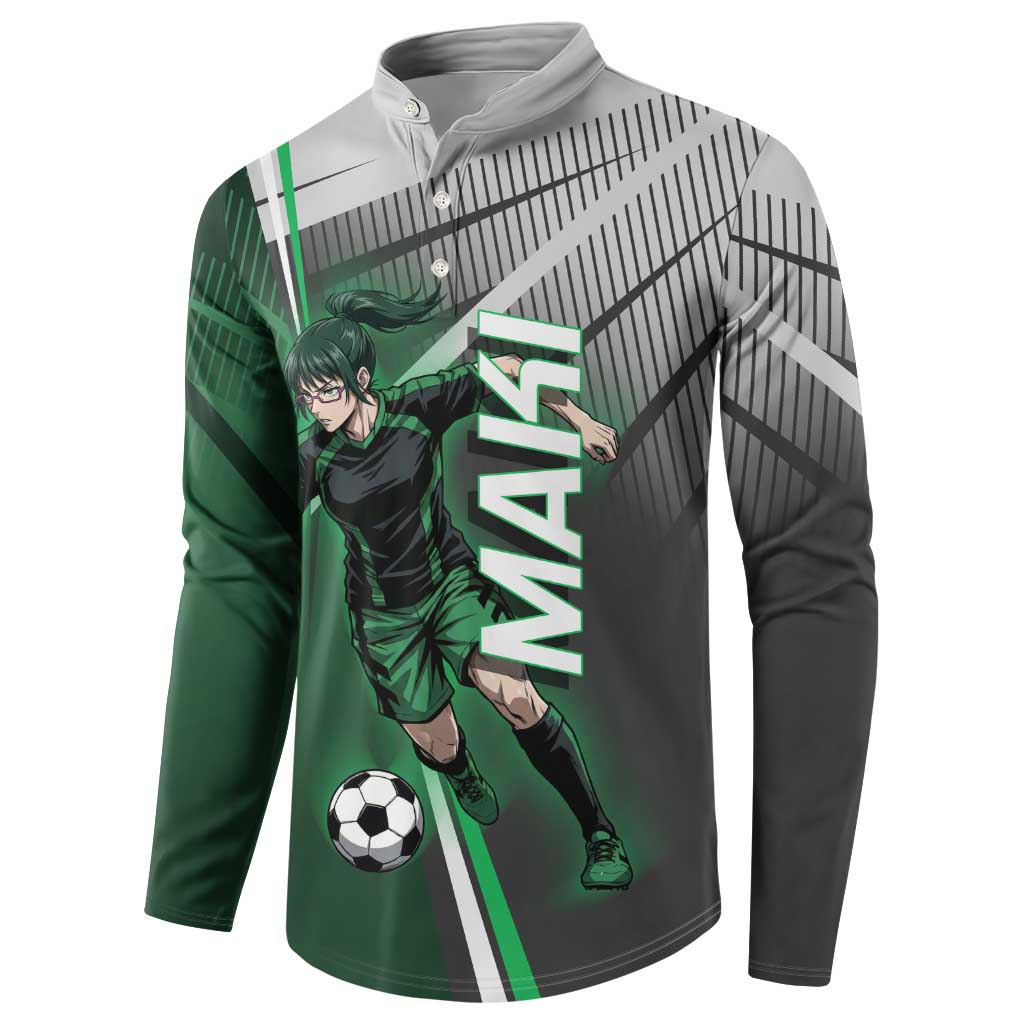 Personalized Maki Zenin Jujutsu Kaisen Button Sweatshirt Anime Soccer Design, Green Monochrome Action Pose