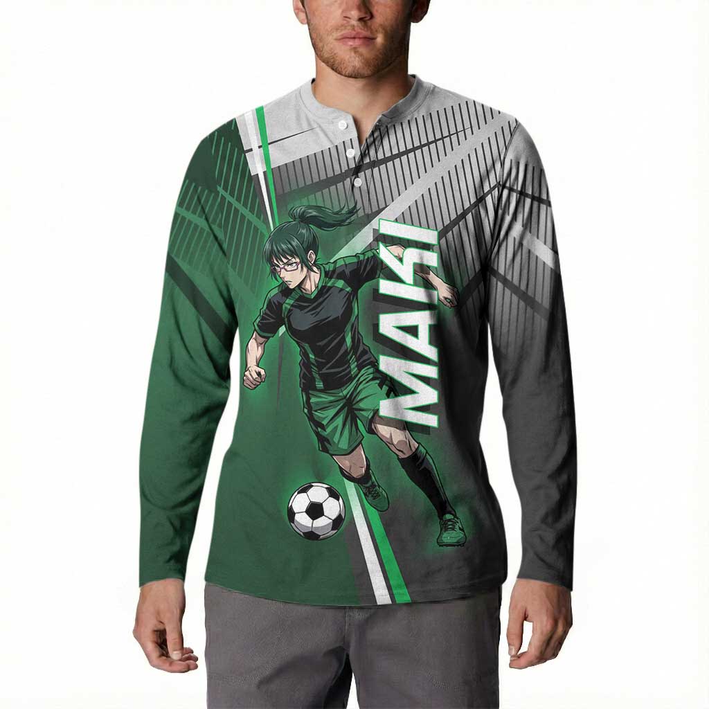 Personalized Maki Zenin Jujutsu Kaisen Button Sweatshirt Anime Soccer Design, Green Monochrome Action Pose
