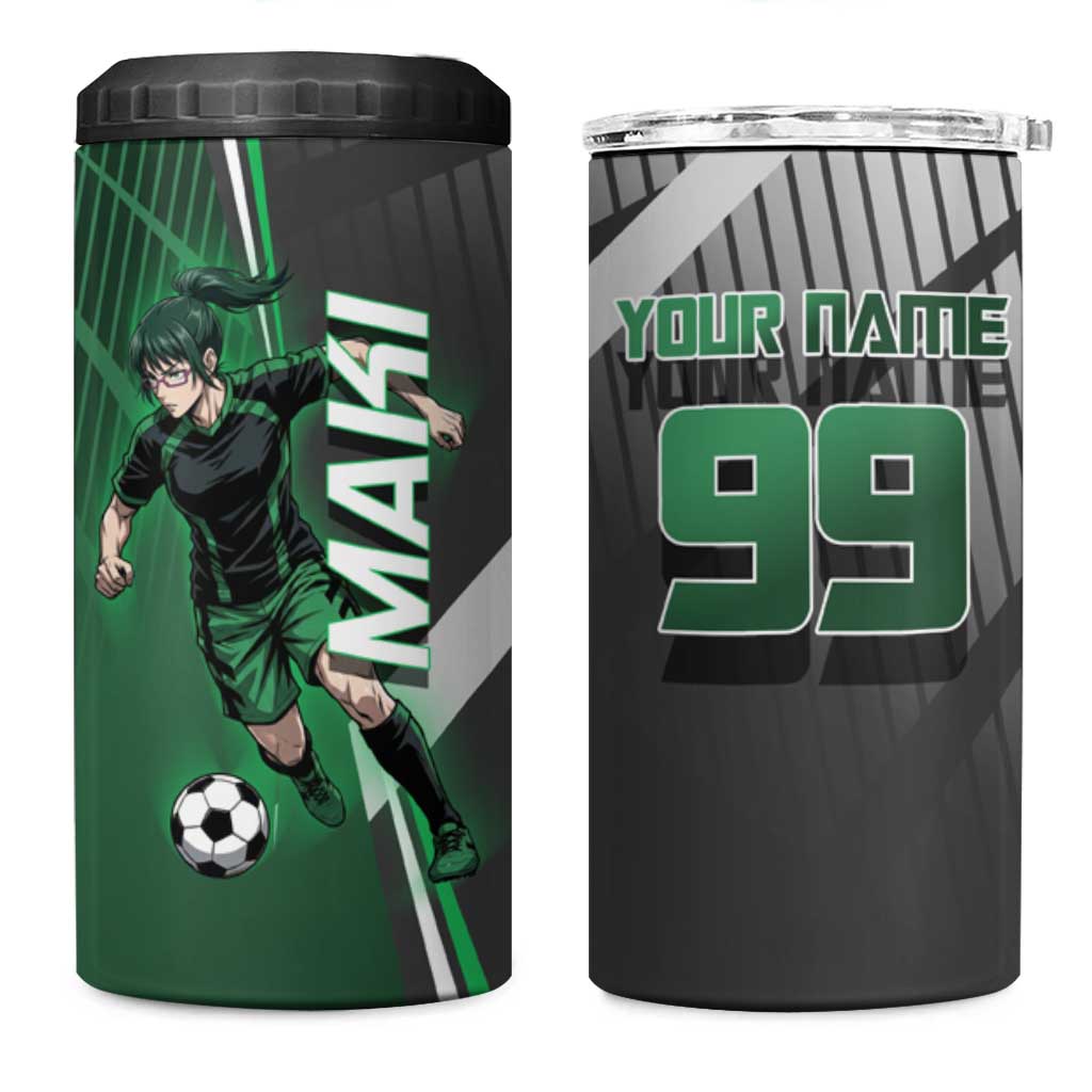 Personalized Maki Zenin Jujutsu Kaisen 4 in 1 Can Cooler Tumbler Anime Soccer Design, Green Monochrome Action Pose