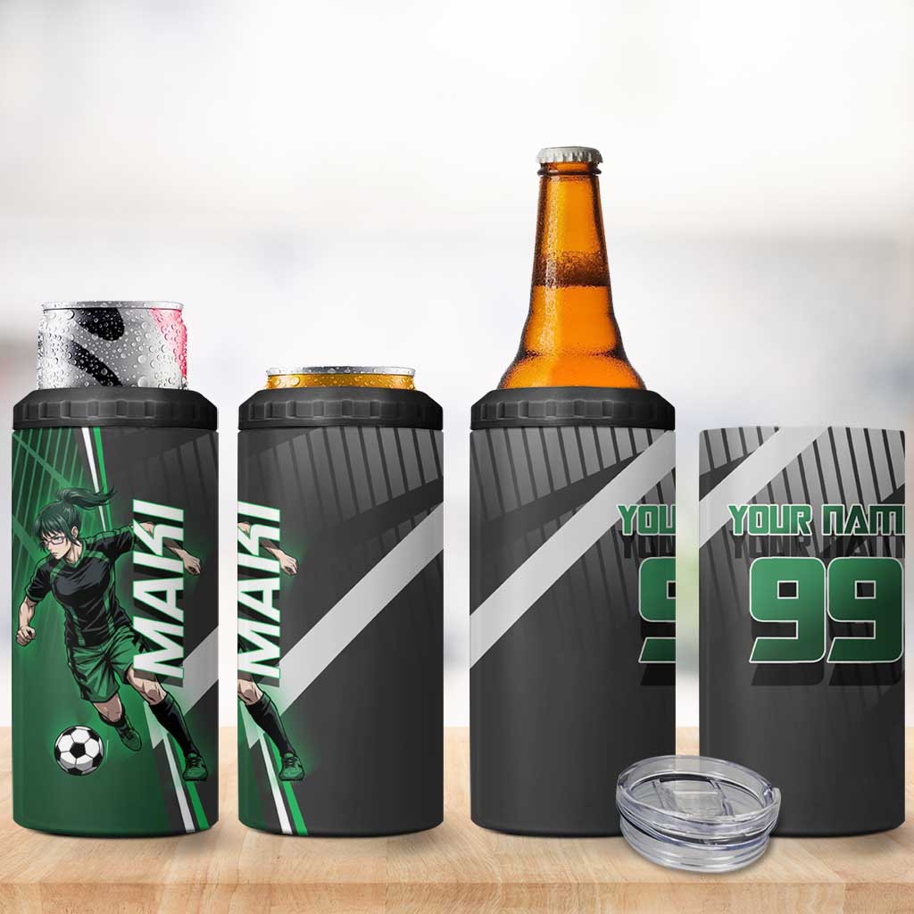 Personalized Maki Zenin Jujutsu Kaisen 4 in 1 Can Cooler Tumbler Anime Soccer Design, Green Monochrome Action Pose
