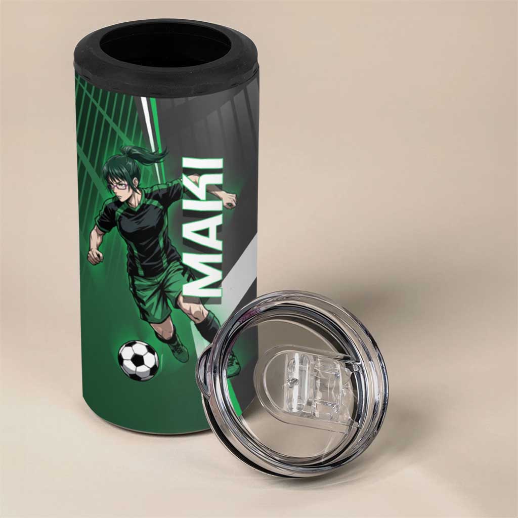 Personalized Maki Zenin Jujutsu Kaisen 4 in 1 Can Cooler Tumbler Anime Soccer Design, Green Monochrome Action Pose