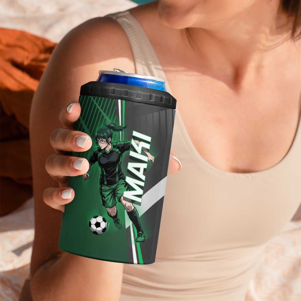 Personalized Maki Zenin Jujutsu Kaisen 4 in 1 Can Cooler Tumbler Anime Soccer Design, Green Monochrome Action Pose