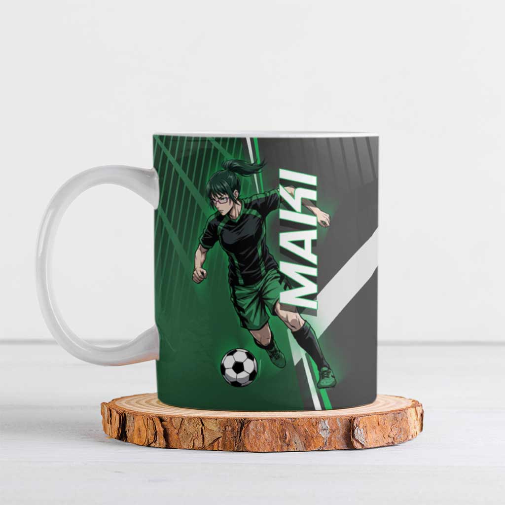 Personalized Maki Zenin Jujutsu Kaisen Ceramic Mug Anime Soccer Design, Green Monochrome Action Pose
