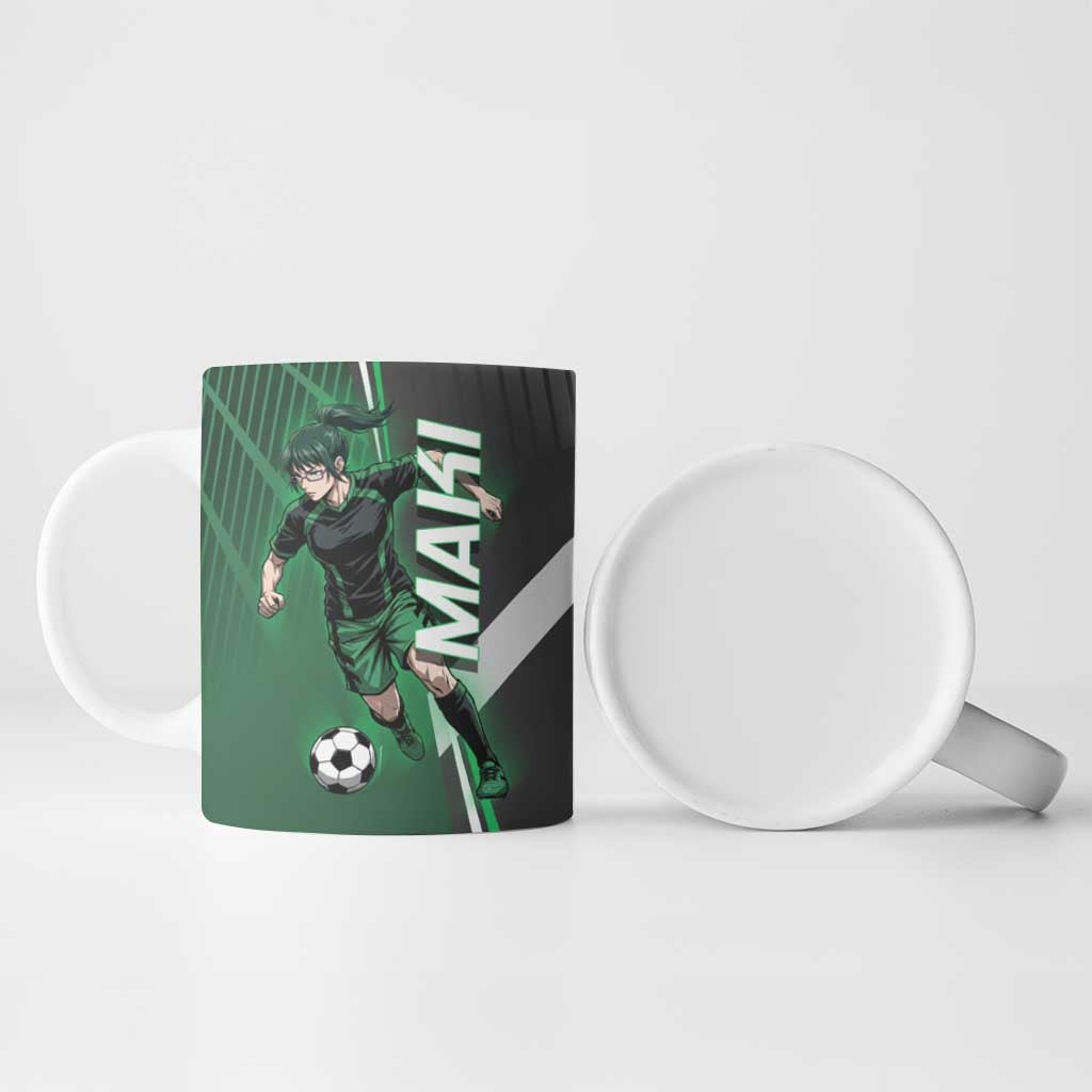 Personalized Maki Zenin Jujutsu Kaisen Ceramic Mug Anime Soccer Design, Green Monochrome Action Pose