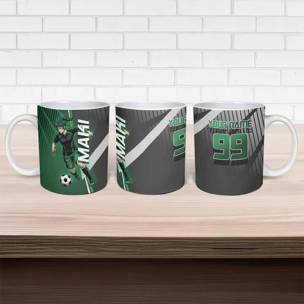 Personalized Maki Zenin Jujutsu Kaisen Ceramic Mug Anime Soccer Design, Green Monochrome Action Pose