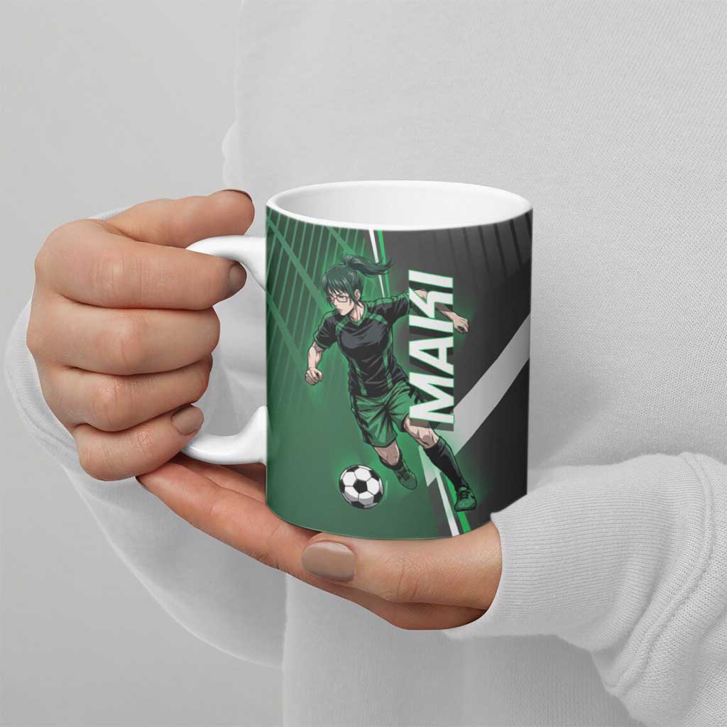 Personalized Maki Zenin Jujutsu Kaisen Ceramic Mug Anime Soccer Design, Green Monochrome Action Pose