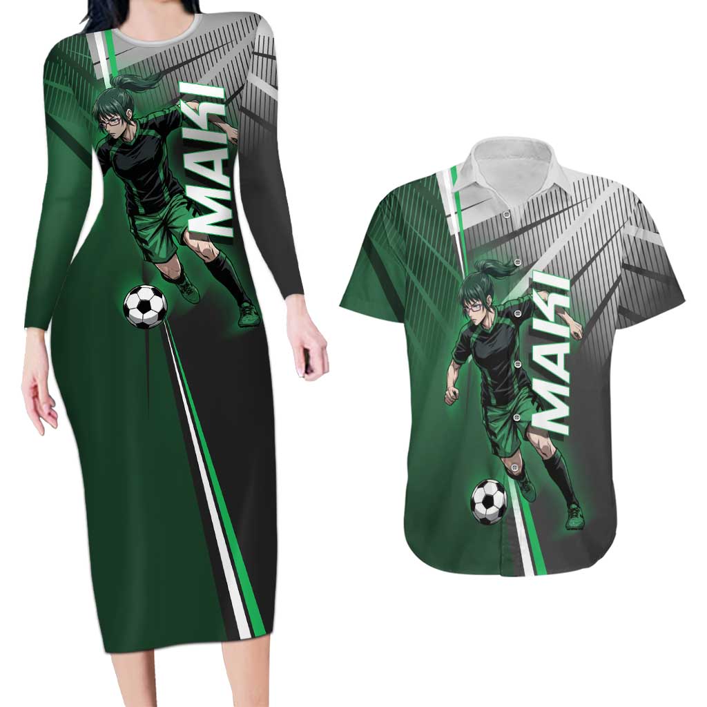 Personalized Maki Zenin Jujutsu Kaisen Couples Matching Long Sleeve Bodycon Dress and Hawaiian Shirt Anime Soccer Design, Green Monochrome Action Pose