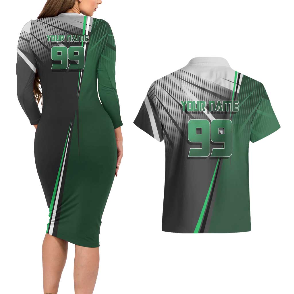 Personalized Maki Zenin Jujutsu Kaisen Couples Matching Long Sleeve Bodycon Dress and Hawaiian Shirt Anime Soccer Design, Green Monochrome Action Pose