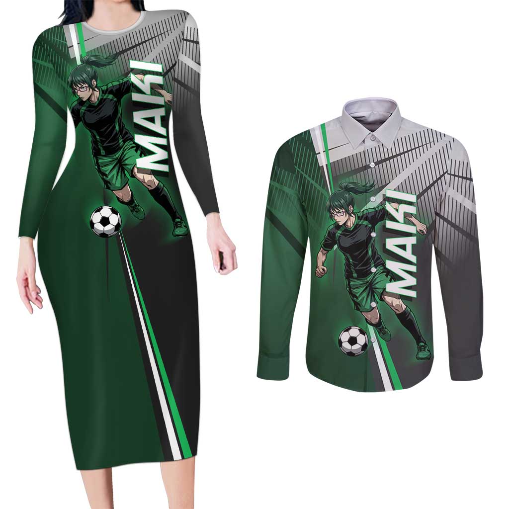 Personalized Maki Zenin Jujutsu Kaisen Couples Matching Long Sleeve Bodycon Dress and Long Sleeve Button Shirt Anime Soccer Design, Green Monochrome Action Pose
