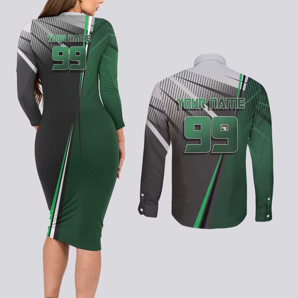 Personalized Maki Zenin Jujutsu Kaisen Couples Matching Long Sleeve Bodycon Dress and Long Sleeve Button Shirt Anime Soccer Design, Green Monochrome Action Pose