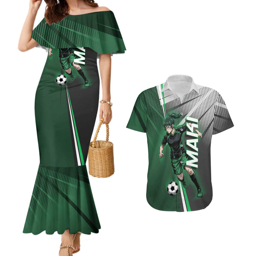 Personalized Maki Zenin Jujutsu Kaisen Couples Matching Mermaid Dress and Hawaiian Shirt Anime Soccer Design, Green Monochrome Action Pose