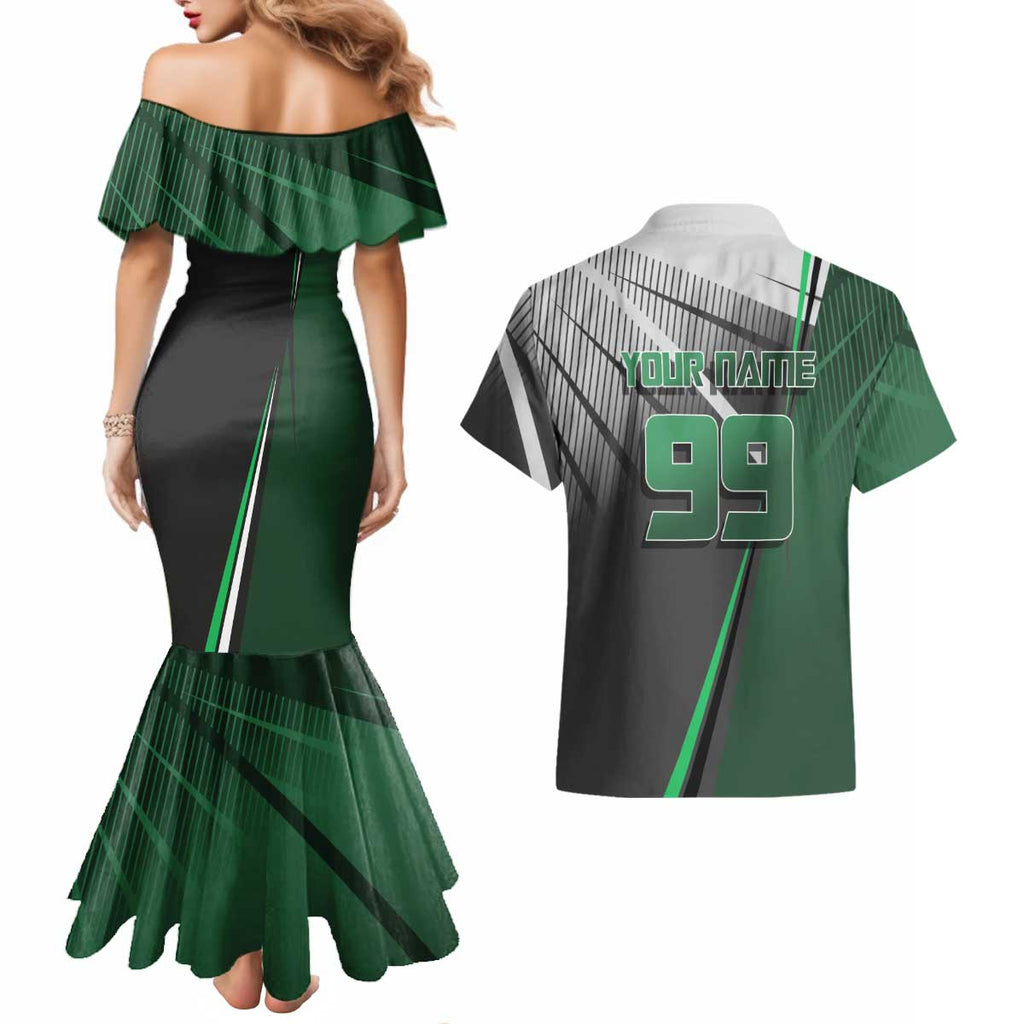 Personalized Maki Zenin Jujutsu Kaisen Couples Matching Mermaid Dress and Hawaiian Shirt Anime Soccer Design, Green Monochrome Action Pose