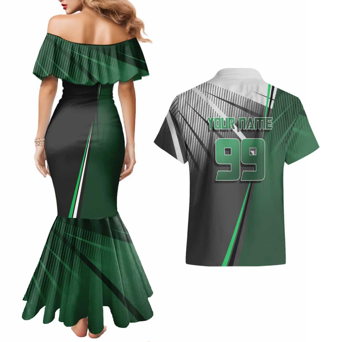 Personalized Maki Zenin Jujutsu Kaisen Couples Matching Mermaid Dress and Hawaiian Shirt Anime Soccer Design, Green Monochrome Action Pose