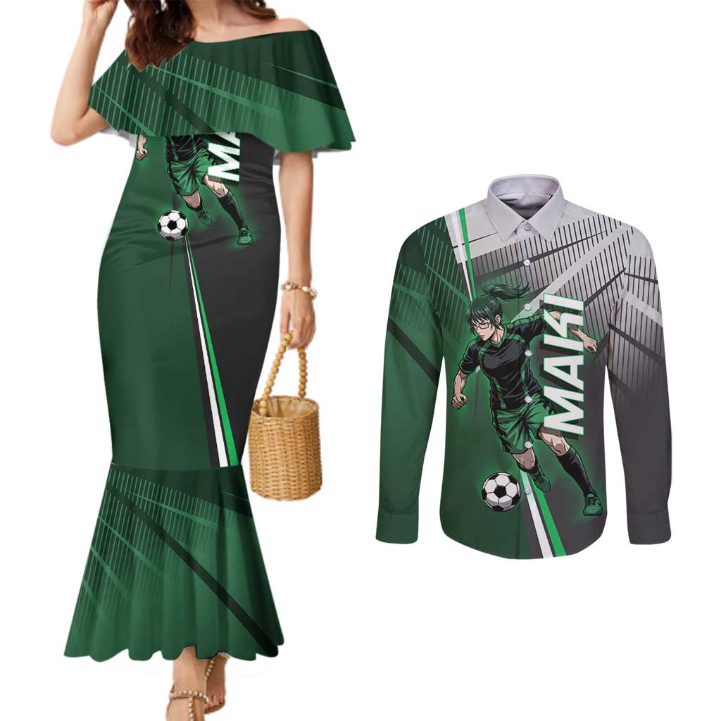 Personalized Maki Zenin Jujutsu Kaisen Couples Matching Mermaid Dress and Long Sleeve Button Shirt Anime Soccer Design, Green Monochrome Action Pose