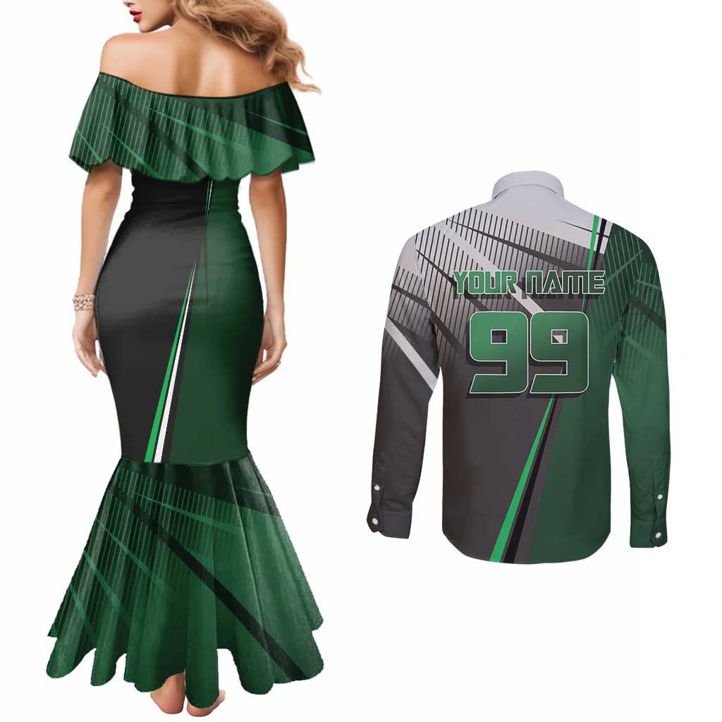 Personalized Maki Zenin Jujutsu Kaisen Couples Matching Mermaid Dress and Long Sleeve Button Shirt Anime Soccer Design, Green Monochrome Action Pose