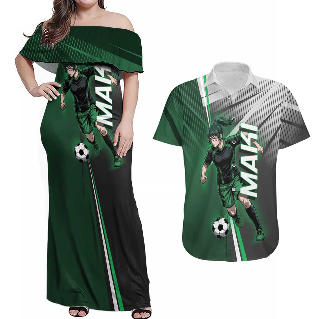 Personalized Maki Zenin Jujutsu Kaisen Couples Matching Off Shoulder Maxi Dress and Hawaiian Shirt Anime Soccer Design, Green Monochrome Action Pose