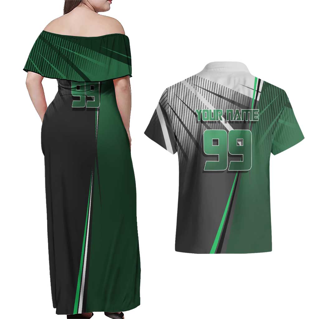 Personalized Maki Zenin Jujutsu Kaisen Couples Matching Off Shoulder Maxi Dress and Hawaiian Shirt Anime Soccer Design, Green Monochrome Action Pose