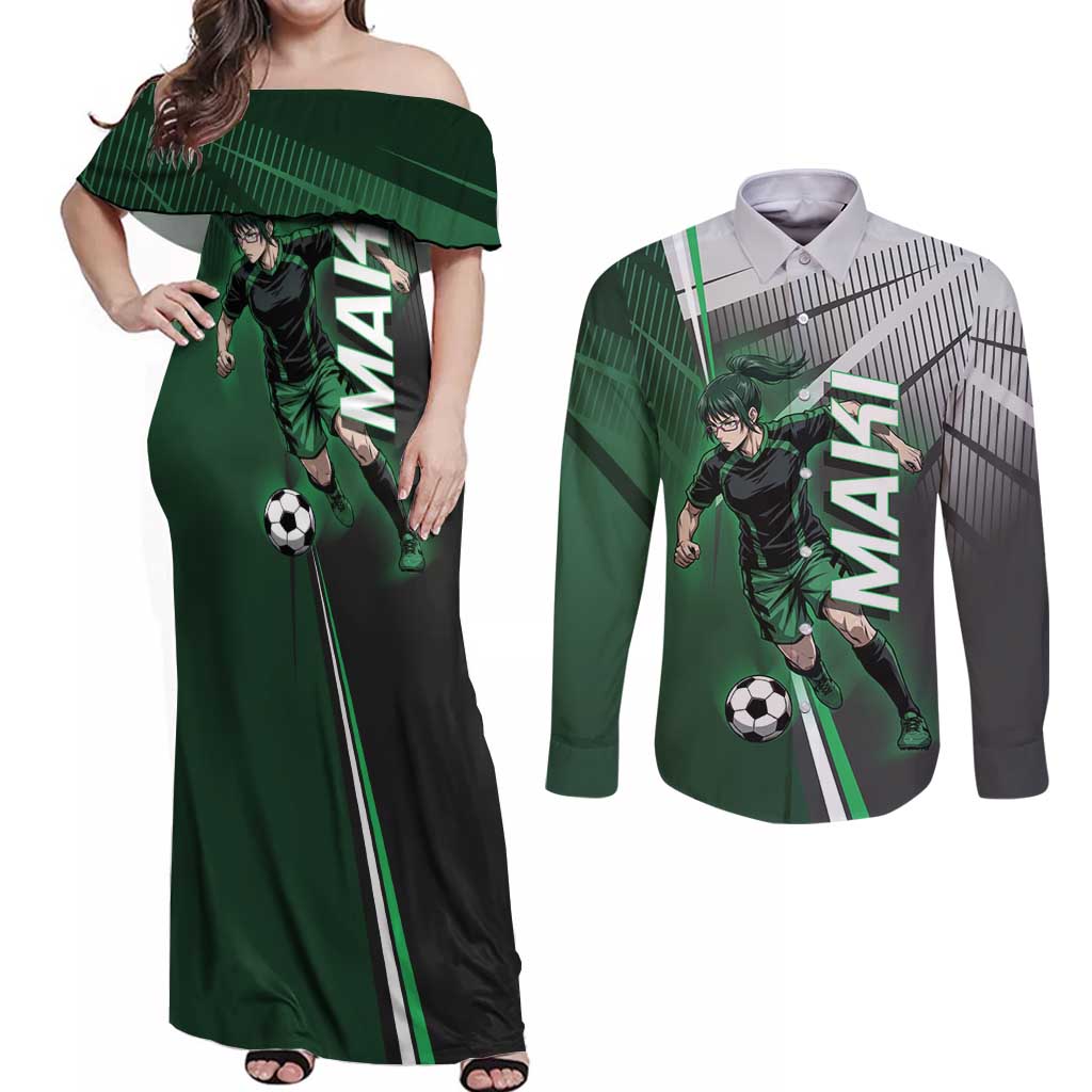 Personalized Maki Zenin Jujutsu Kaisen Couples Matching Off Shoulder Maxi Dress and Long Sleeve Button Shirt Anime Soccer Design, Green Monochrome Action Pose