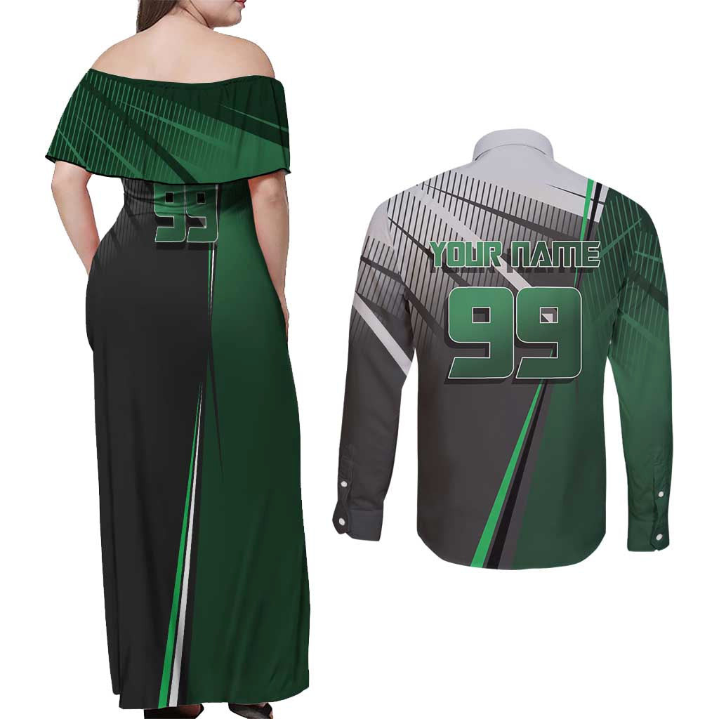 Personalized Maki Zenin Jujutsu Kaisen Couples Matching Off Shoulder Maxi Dress and Long Sleeve Button Shirt Anime Soccer Design, Green Monochrome Action Pose