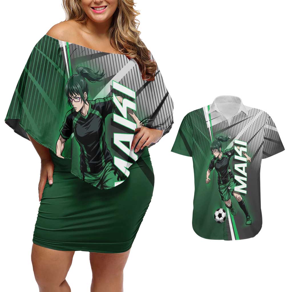 Personalized Maki Zenin Jujutsu Kaisen Couples Matching Off Shoulder Short Dress and Hawaiian Shirt Anime Soccer Design, Green Monochrome Action Pose