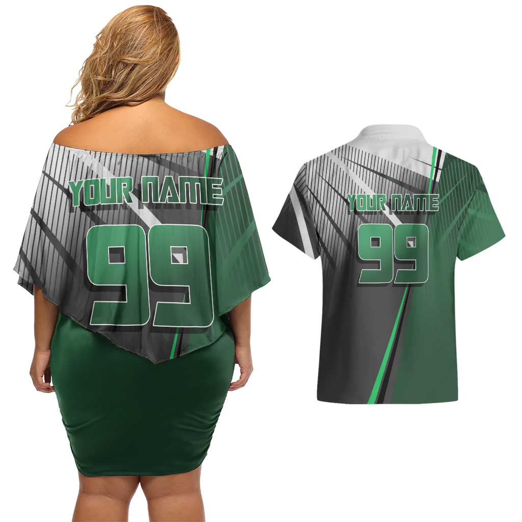 Personalized Maki Zenin Jujutsu Kaisen Couples Matching Off Shoulder Short Dress and Hawaiian Shirt Anime Soccer Design, Green Monochrome Action Pose