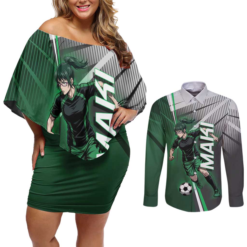 Personalized Maki Zenin Jujutsu Kaisen Couples Matching Off Shoulder Short Dress and Long Sleeve Button Shirt Anime Soccer Design, Green Monochrome Action Pose