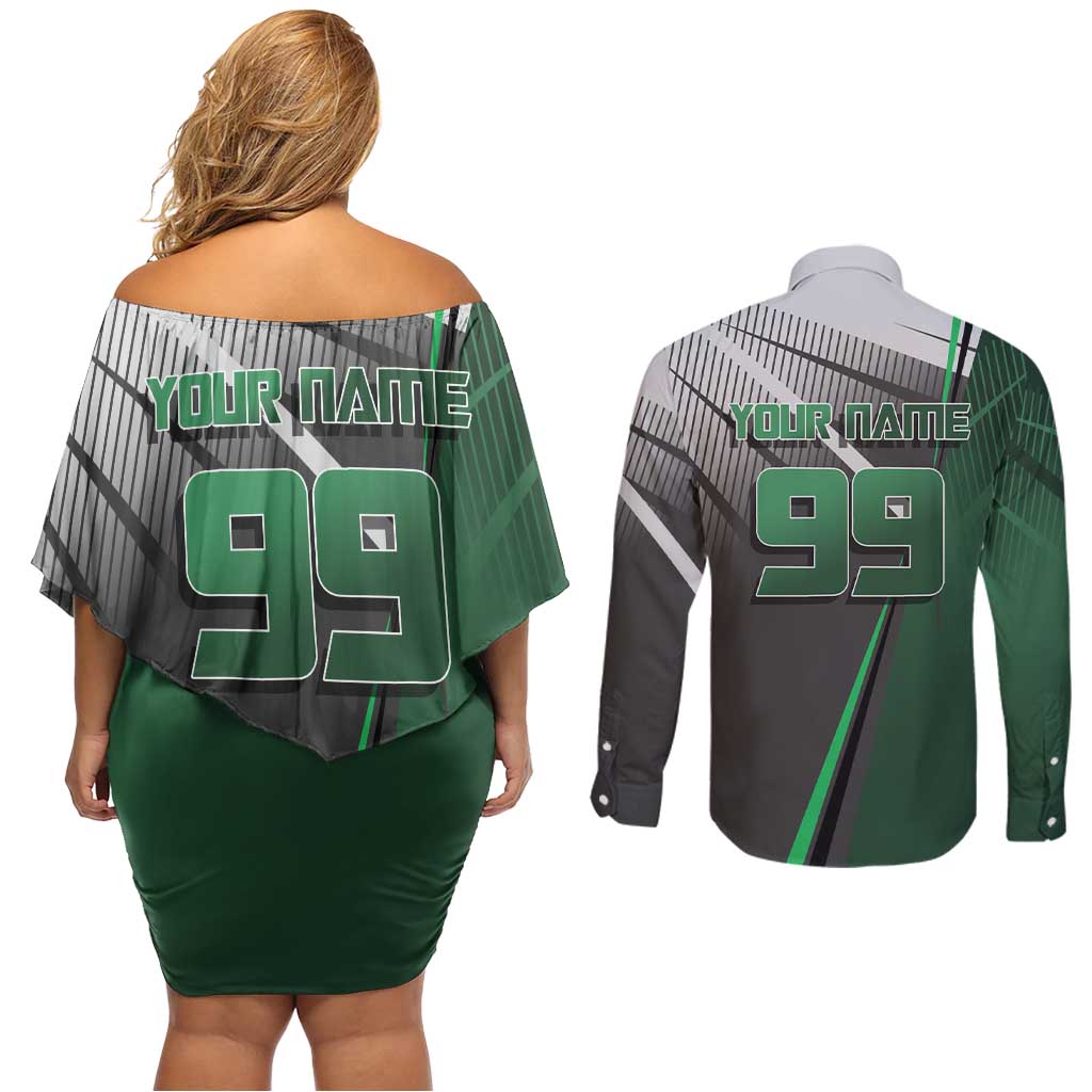 Personalized Maki Zenin Jujutsu Kaisen Couples Matching Off Shoulder Short Dress and Long Sleeve Button Shirt Anime Soccer Design, Green Monochrome Action Pose