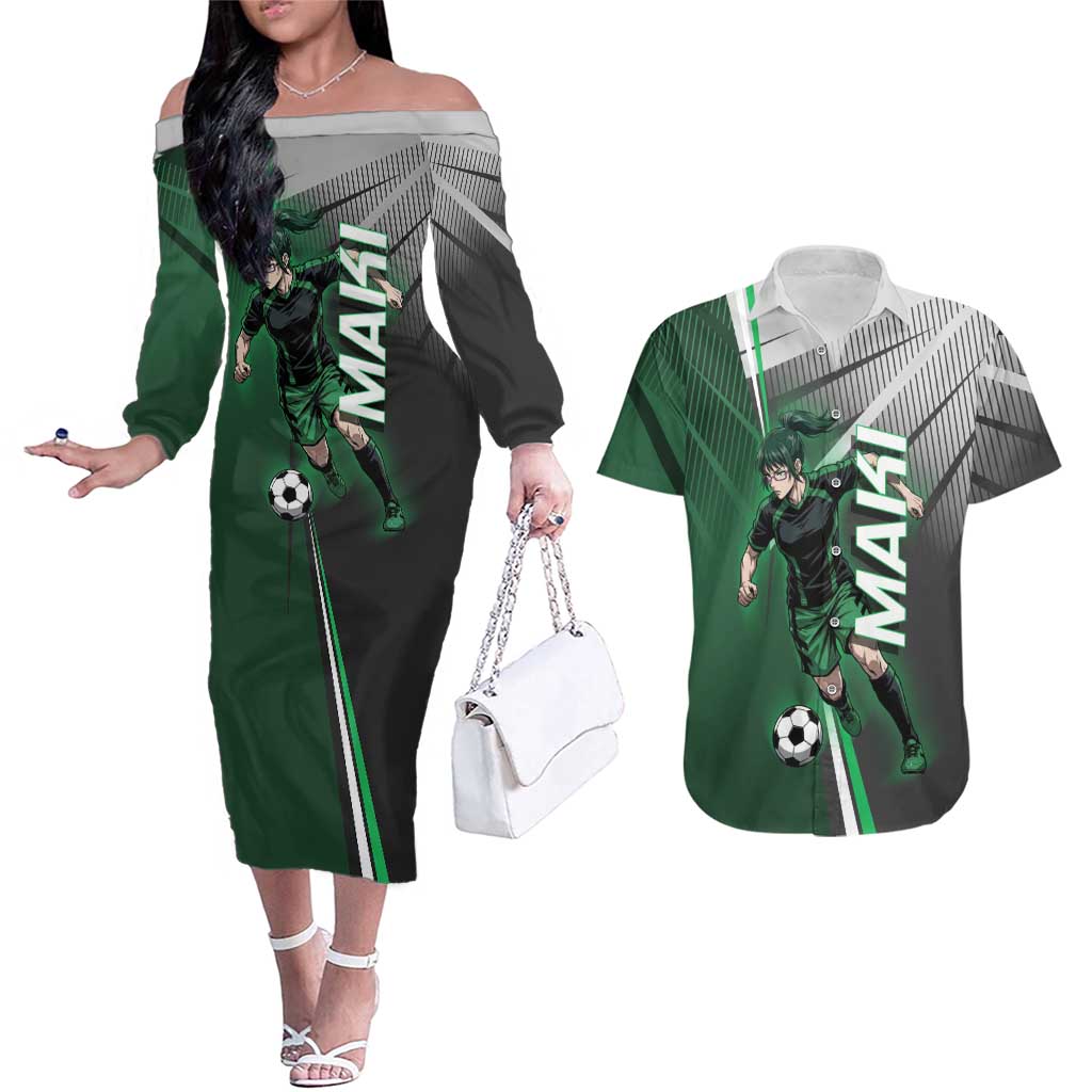 Personalized Maki Zenin Jujutsu Kaisen Couples Matching Off The Shoulder Long Sleeve Dress and Hawaiian Shirt Anime Soccer Design, Green Monochrome Action Pose