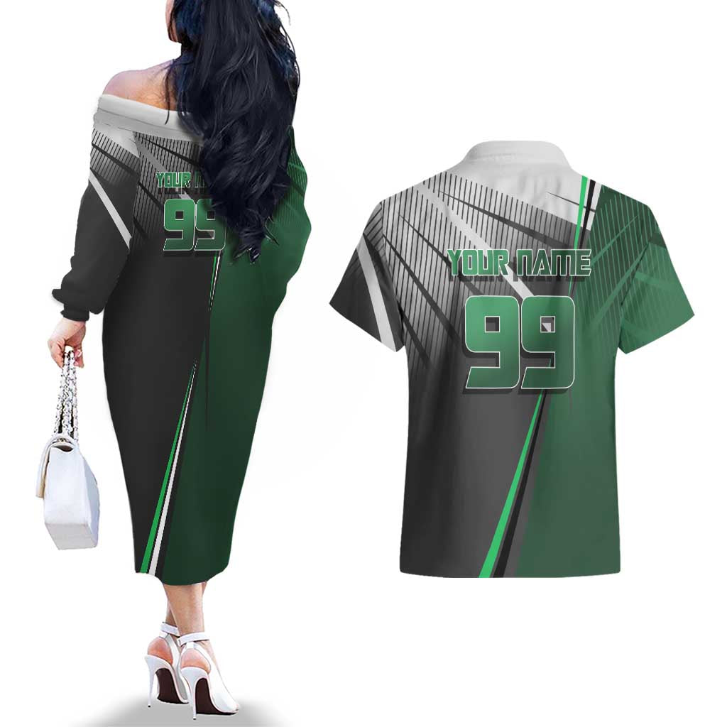 Personalized Maki Zenin Jujutsu Kaisen Couples Matching Off The Shoulder Long Sleeve Dress and Hawaiian Shirt Anime Soccer Design, Green Monochrome Action Pose