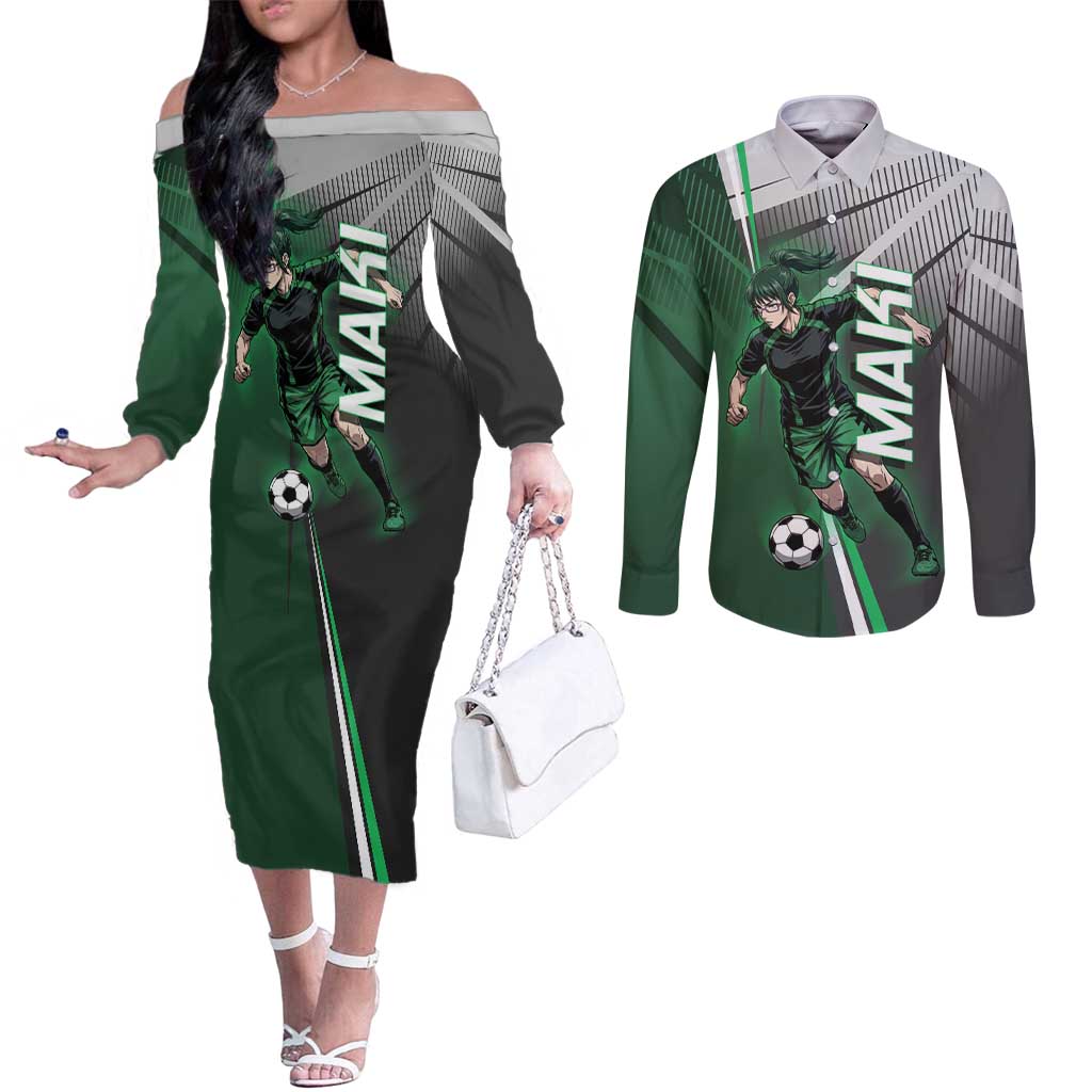 Personalized Maki Zenin Jujutsu Kaisen Couples Matching Off The Shoulder Long Sleeve Dress and Long Sleeve Button Shirt Anime Soccer Design, Green Monochrome Action Pose