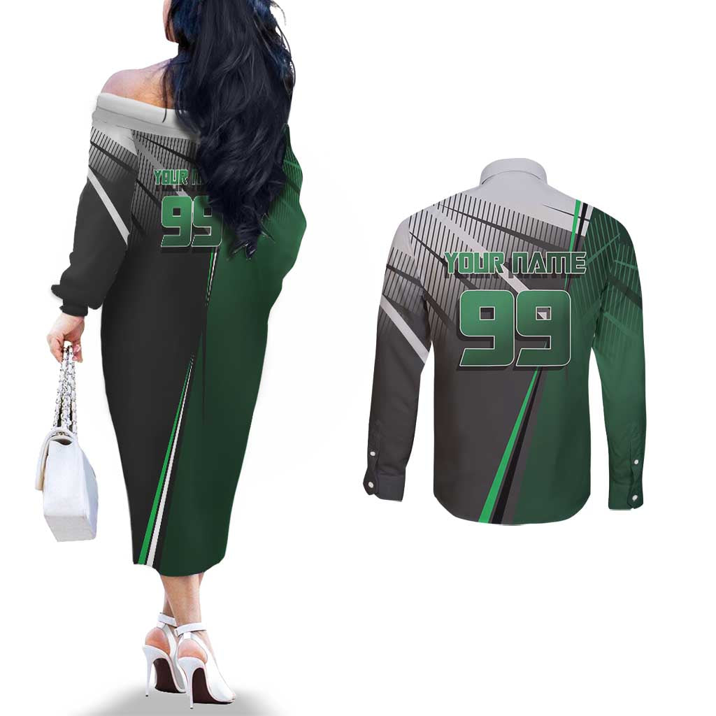 Personalized Maki Zenin Jujutsu Kaisen Couples Matching Off The Shoulder Long Sleeve Dress and Long Sleeve Button Shirt Anime Soccer Design, Green Monochrome Action Pose