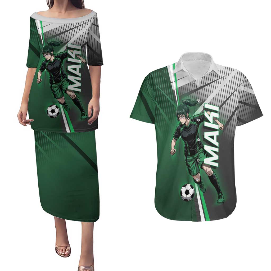 Personalized Maki Zenin Jujutsu Kaisen Couples Matching Puletasi and Hawaiian Shirt Anime Soccer Design, Green Monochrome Action Pose